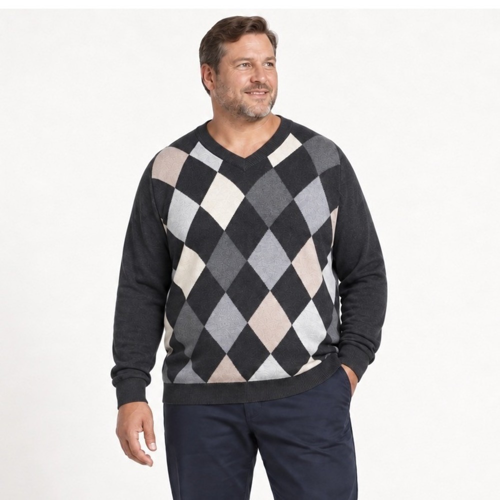 Men's Cotton Cashmere Argyle V-Neck Sweater XXL Grandpacore Preppy Academia